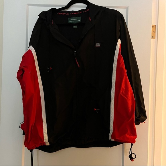 Vintage Lauren Ralph Lauren Full Zip Hooded Black Red White Windbreaker Jacket - Picture 4 of 9